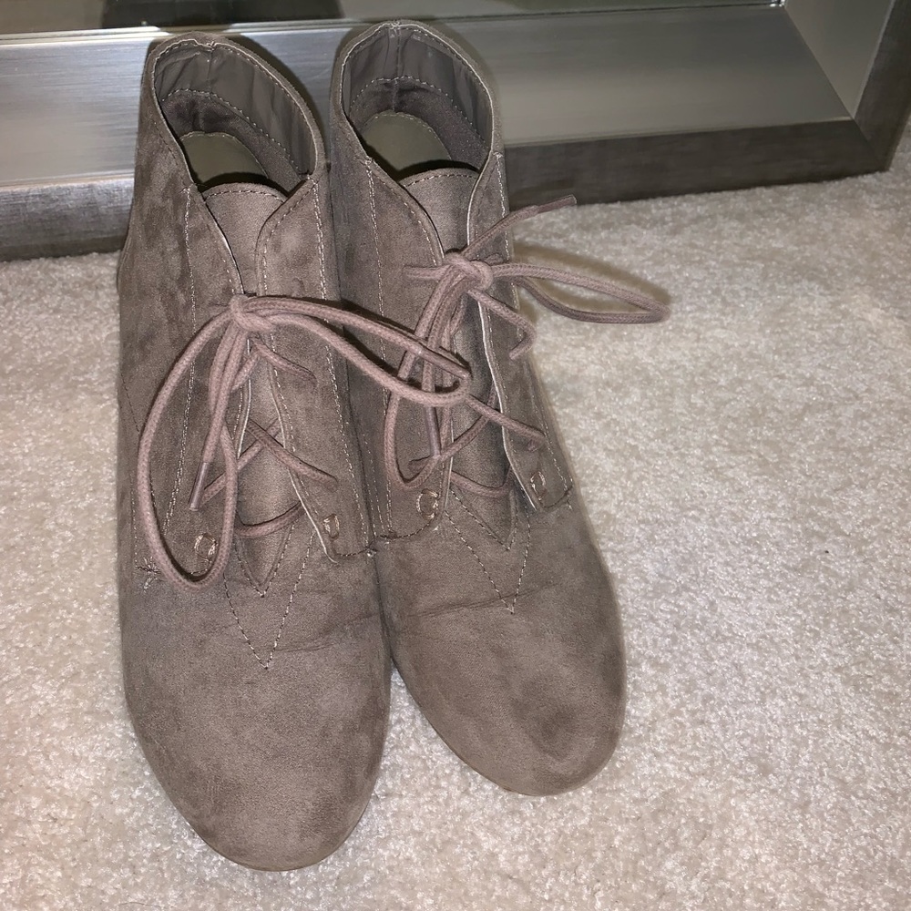 light grey suede bootie heels